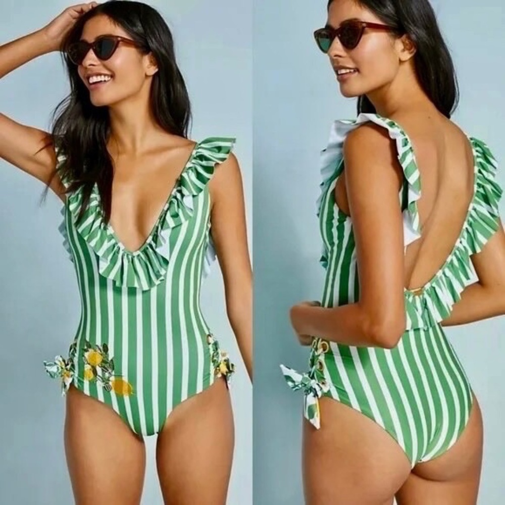 Anthropologie Green and White Striped Ruffle One-Piece Swim - Picture 13 of 13